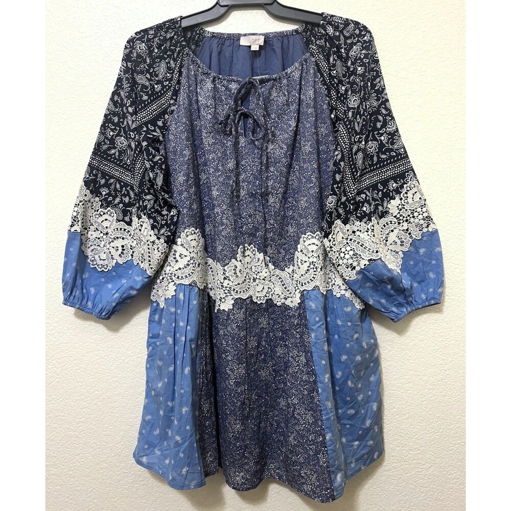 LOFT Precious Sapphire Lace Paisley Tie Mini Pocket Dress Patchwork Boho LP NWT